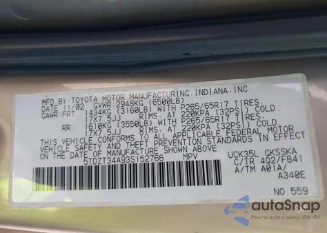 2003 Toyota Sequoia Sr5 V8 from USA, damaged, VIN 5TDZT34A93S152766